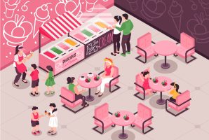 Isometric Ice Cream Cafe People with kids choosing and eating ice cream at cafe with pink tables and chairs 3d isometric vector illustration SSUCv3H4sIAAAAAAACA01Ry2rDQAz8FaGz+yI3n5sWCoXQHkMPila1Rda7ZnfttAT/e2XHCb1JmpE0Gp3xQFkZ6zOq90MuiYrGgPVTheK0xKTksX6cKsyFypAlG9cypiKNoUt+HbI/z3Ws8SVGBxQcPCcNR7Tm4bCWcaqurJ3E3ssNfdfM4j0FiUPG6atCaiTw77zQNibxQsv+vUHHU5HUrWJGdRIvIQ1O5xDHyOQN38xi7bDYzdUmUd8qJx0lzbmTzOkmBU5aWjiqy8BtjFlDs1whZoqFygKchDqgAkzfK7+3E6HQwUte2NySpgwbB5pjJyUpwyhsXsJ/j+9hawbPbbDdfS6dHxKcGCvA2+4VvmPqzKcKy8/sFlarbZdZ+YFjYOnLQN7CrpPE9qu73MbeFDVGj0f74zRNf7kt2+blAQAA
